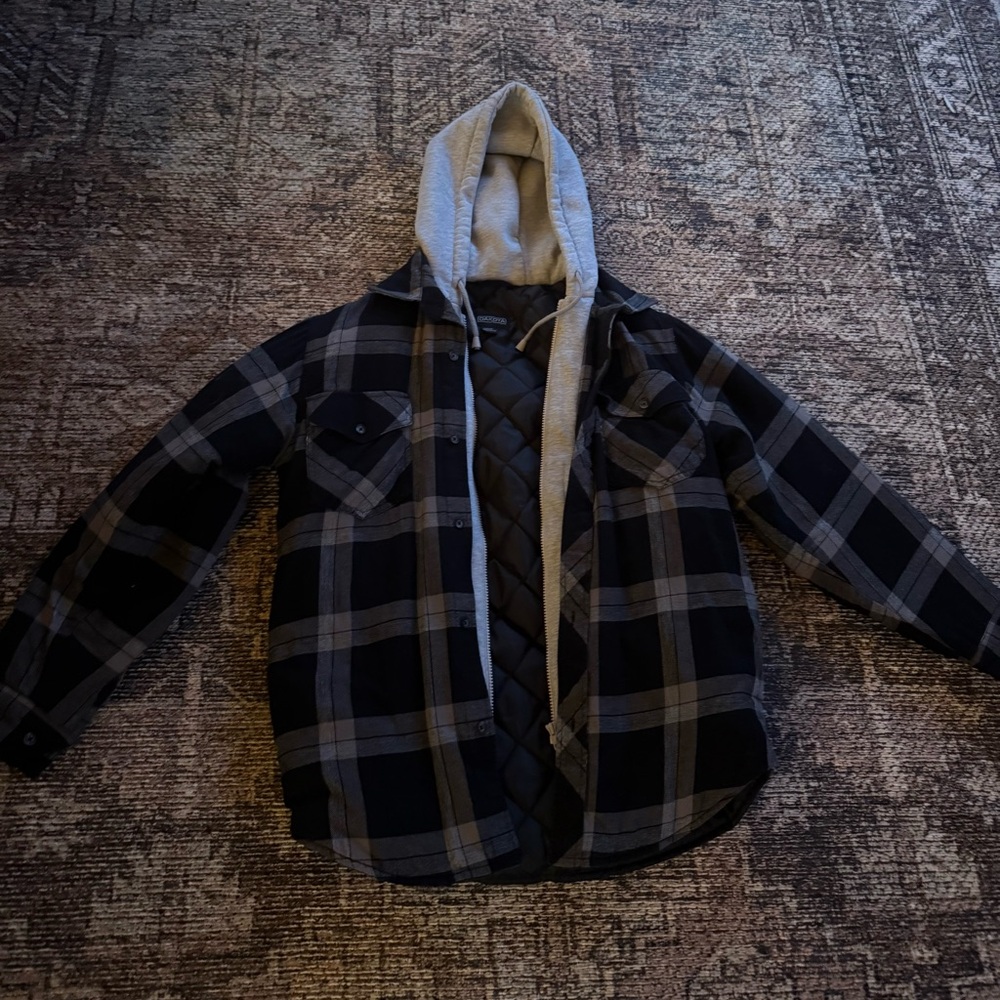 Men's Black and Gray Plaid Hooded Jacket